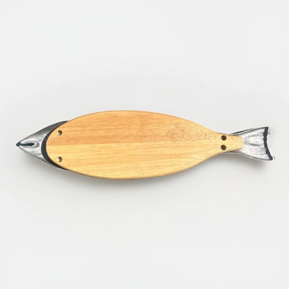Vintage Salmon‎ Fish Wood And Pewter Cutting Board Charcuterie Serving Tray 26